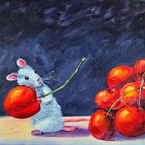 Maus kirschen ölbild 20x20 - kirschen,